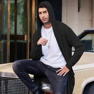 COOFANDY Men's Long Hooded Cardigan Shawl Sz Small Black Lightweight NWT